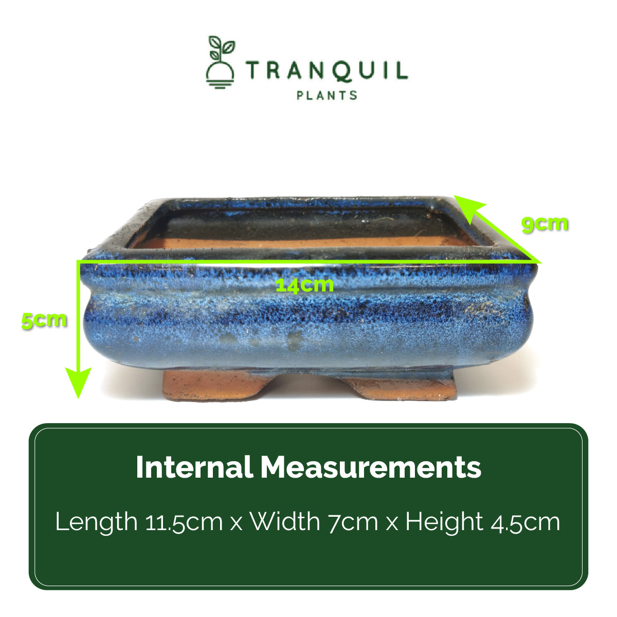 14cm Blue recatangle bonsai pot 9cm wide Tranquil Plants