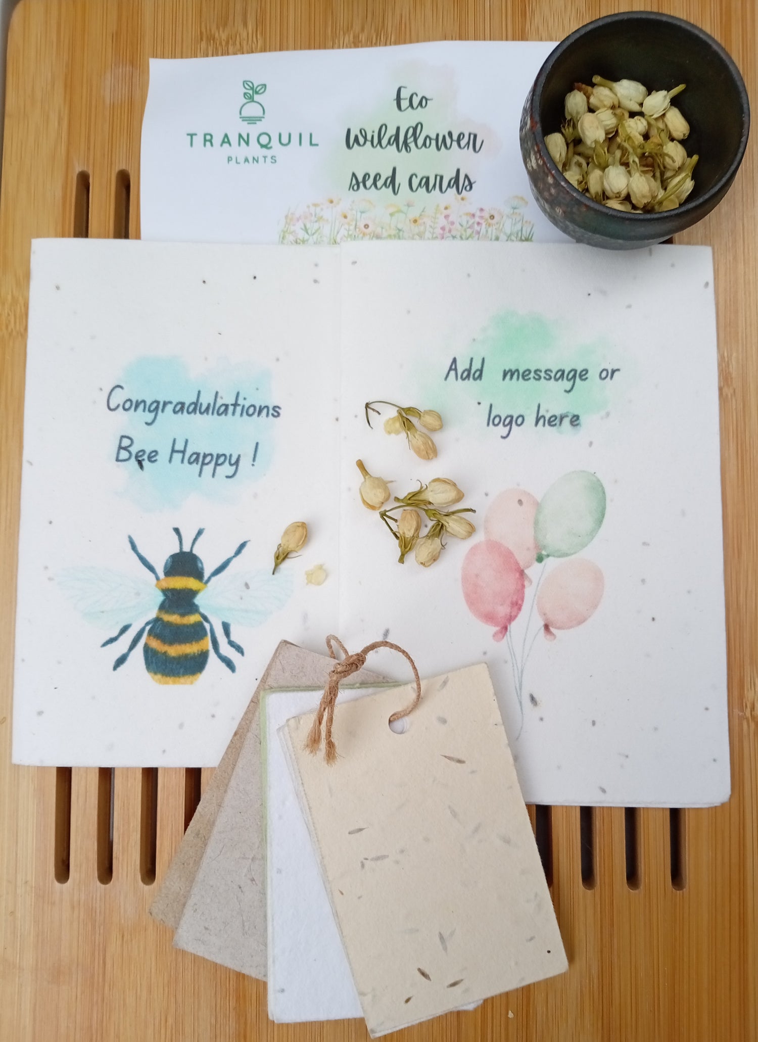 seeds cards and tags with congratulations on them